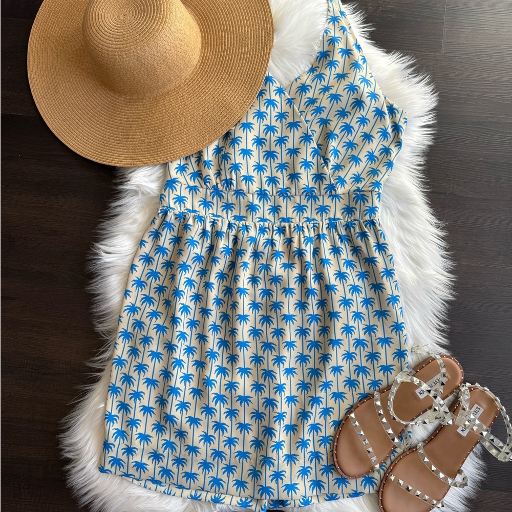 Just Fab Blue & Cream Tropical Palm Print Halter Dress